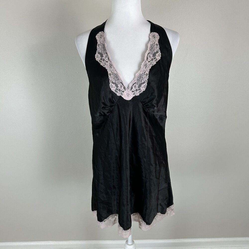 Vintage Black Pink Nightgown Large Lace Slip Dress 90s Halter Short Chemise